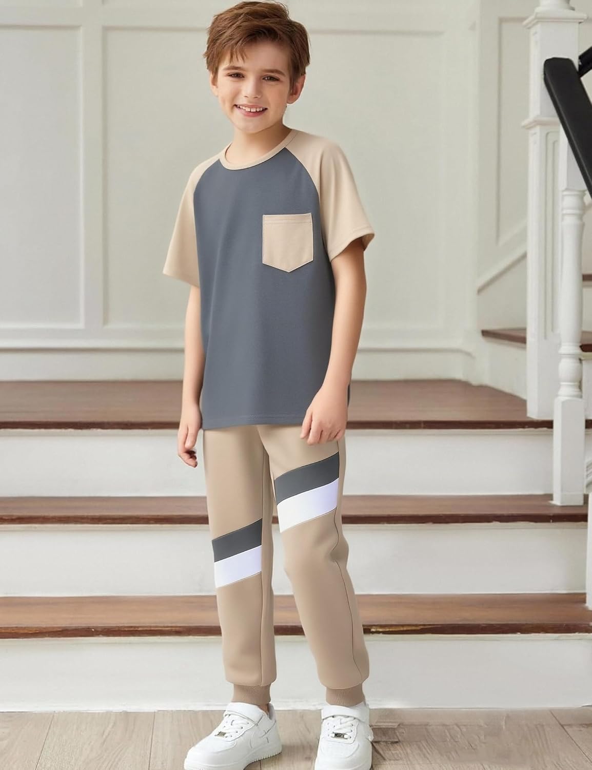 Boys Clothes,Boy outfits 2-Piece Raglan Color blocking Short-Sleeve T-Shirt Color blocking Pant Teen Boys Clothing - Image 2