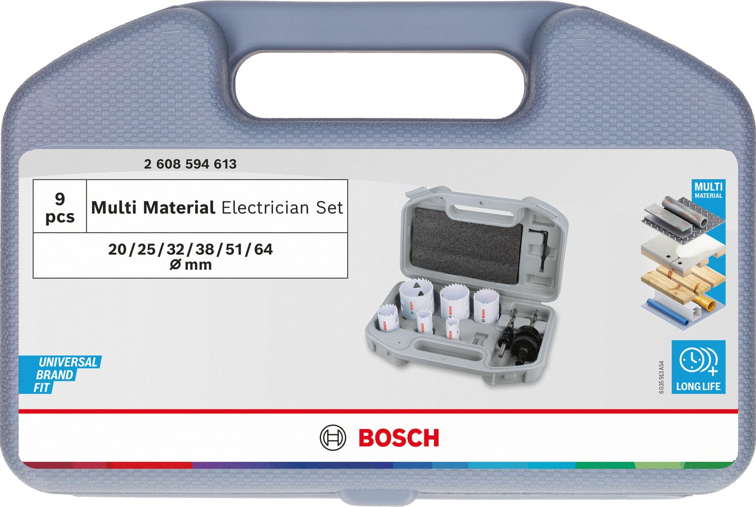 Bosch 9x PRO Multi Material PC Plus Juego de sierras roscadas (para Acero, Pladur, Ø 20, 25, 32, 38, 51, 64 mm, Accesorios Profesionales Taladradoras)
