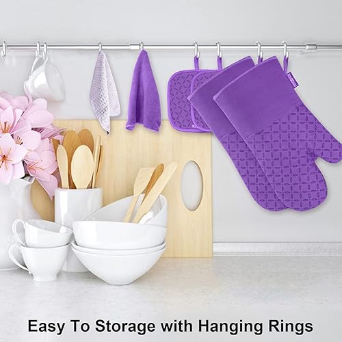 Miniatura 88 de KEGOUU Juego de 6 manoplas para horno y soportes para ollas, guantes para horno de cocina, resistentes al calor, 500 grados, extra largos, Azul cielo