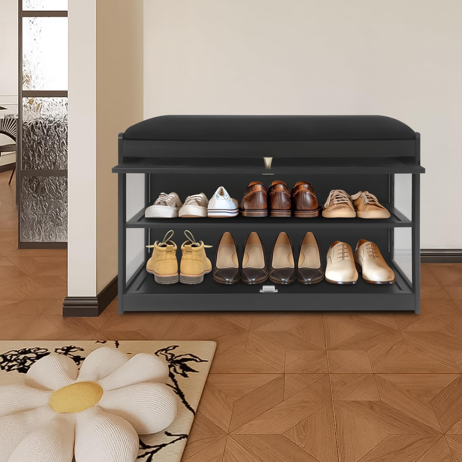 WooDerson Zapatero de 2 niveles, banco con espacio de almacenamiento, zapatero estable (negro, 70 x 32 x 42 cm)