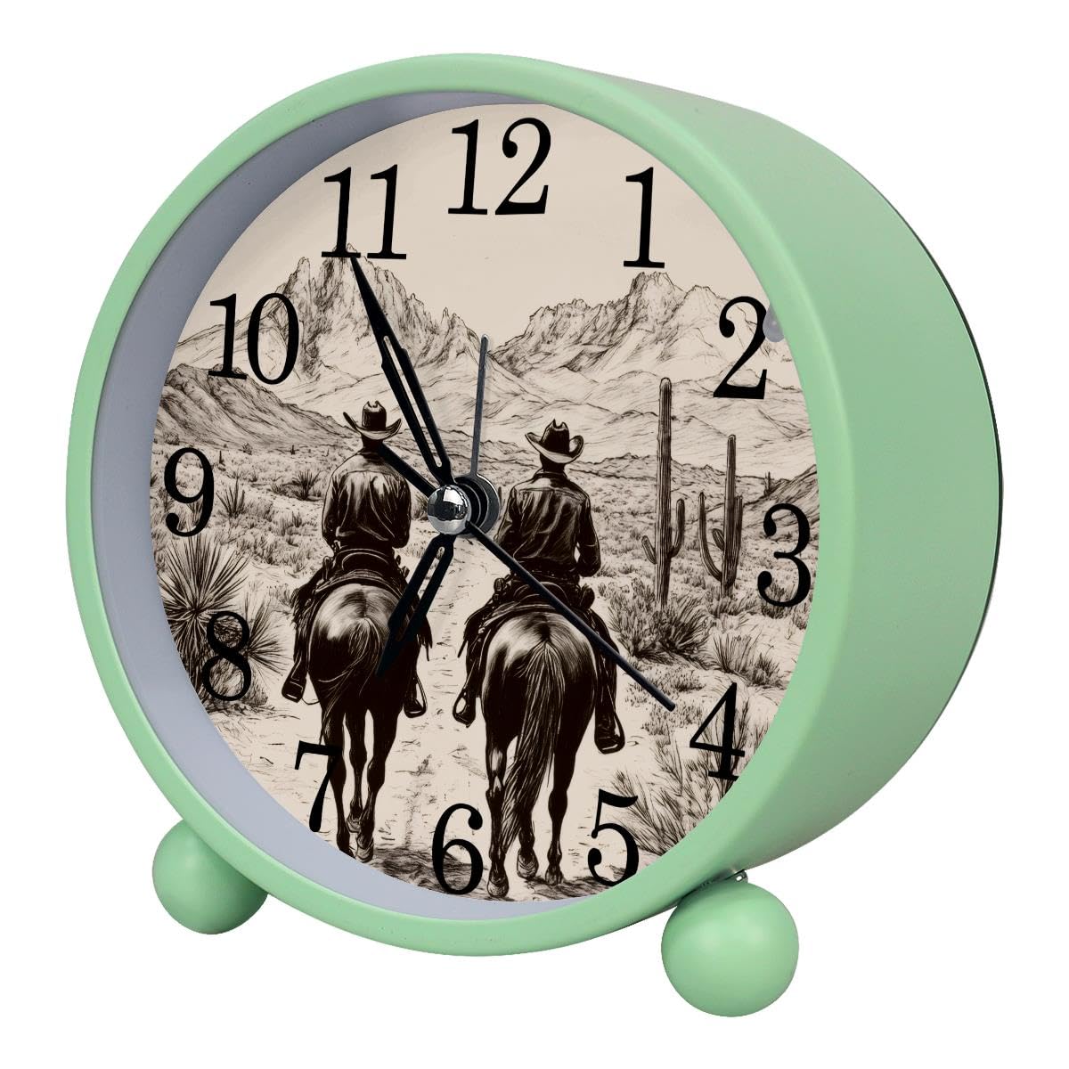 Luoweisi Alarm Clock Cowboy, Silent Non-Ticking with Night Light, Round Metal Alarm Clock for Office, Battery Operated, Bedroom, Elderly, Adults, Children, Student Gifts