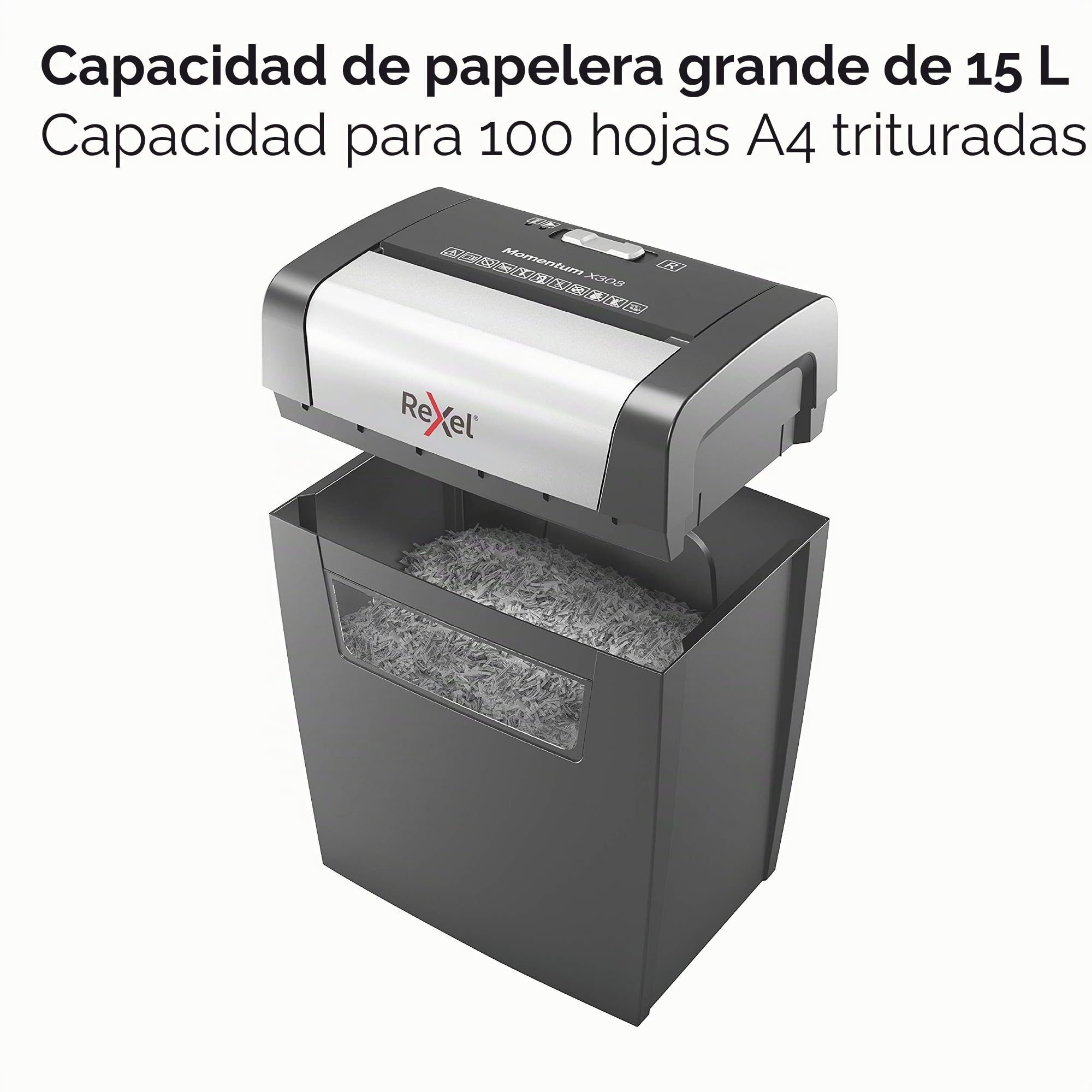 Rexel Momentum X308 - Trituradora de Papel de Corte Cruzado, tritura 9-8 Hojas (70-80 g/m²), contenedor de 15 litros, Resistente, Negro, 2104570