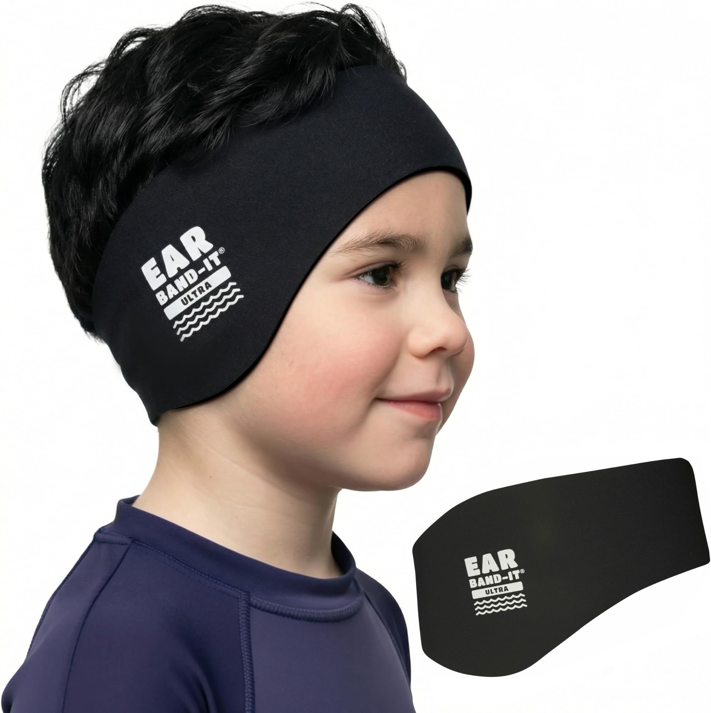 Earvolution Ear Band-It Ultra Swimming Headband, American Brand, Doctor-Invented - Sensory-Friendly- Anti-Slip Grip &Thick Neoprene for Max Protection/Comfort, Holds Earplugs in, (Black, Medium)
