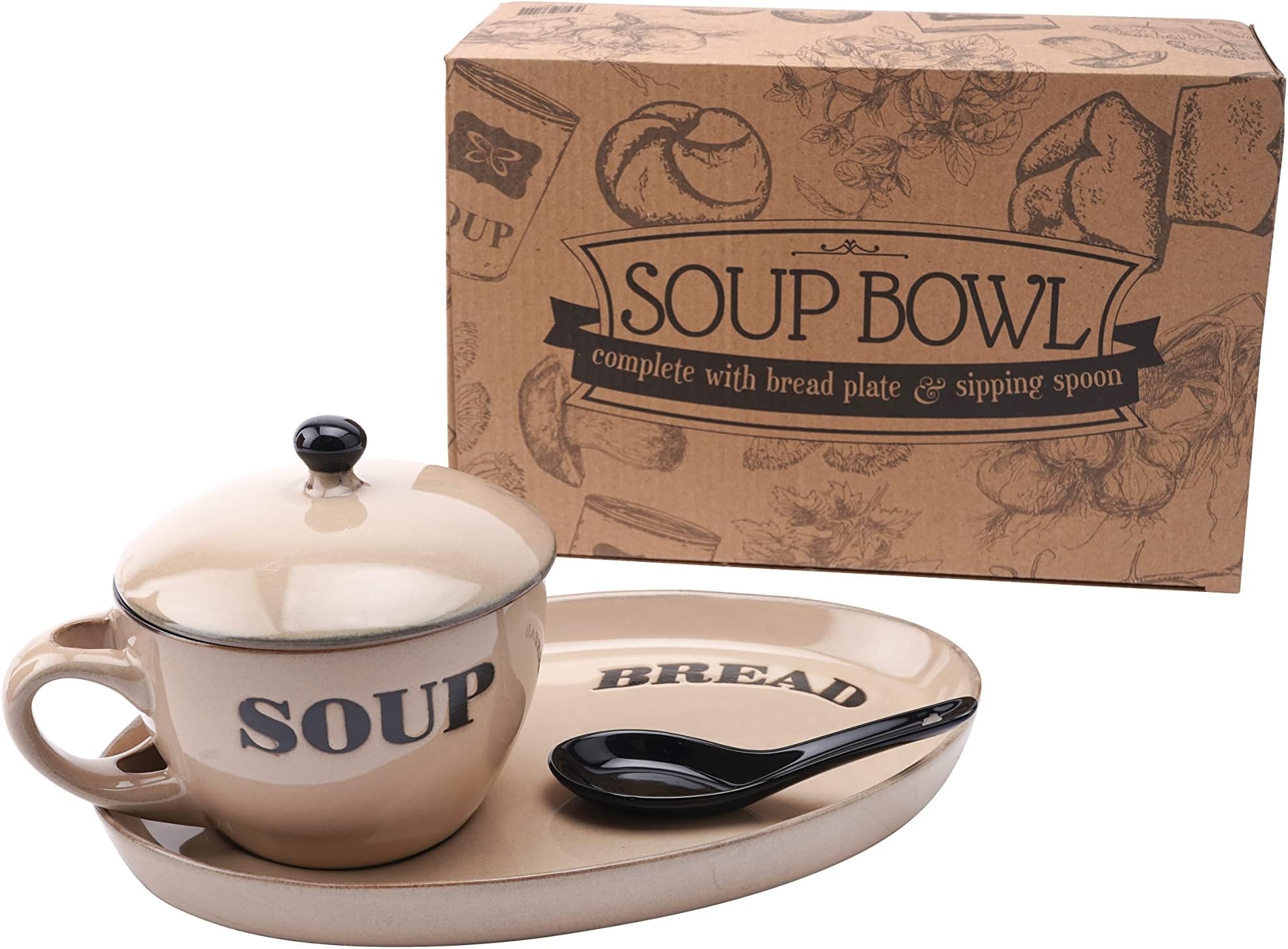 Soup Bowl Dish with Bread Serving Plate and Spoon Set | Cream Country Cottage Kitchen Rustic Style | Microwave and Dishwasher Safe | Individually Gift Boxed
