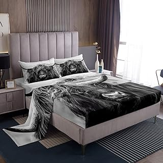 Erosebridal Highland Cow Bed Sheets King Size Wildlife Farmhouse Cow Sheet Set for Kids Teens Adult Western Wild Animal Bull Cattle Fitted Sheet Funny Room Decor Bedding Set Grey
