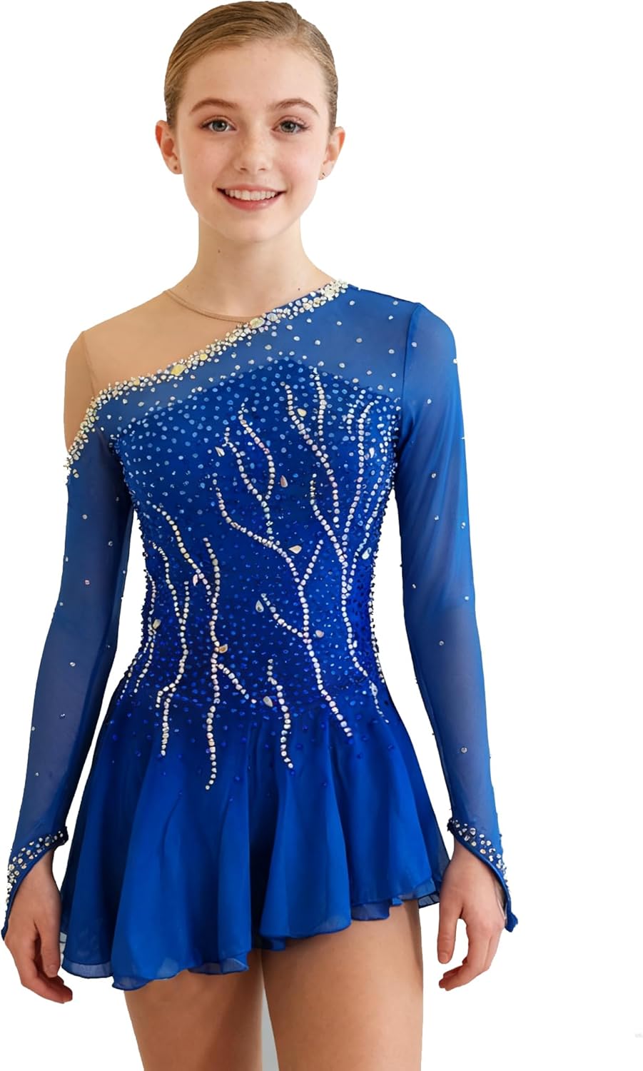 Figure Skating Dress for Girls Blue with Breathable Mesh Fabric Custom Sizes for Performance or Competition