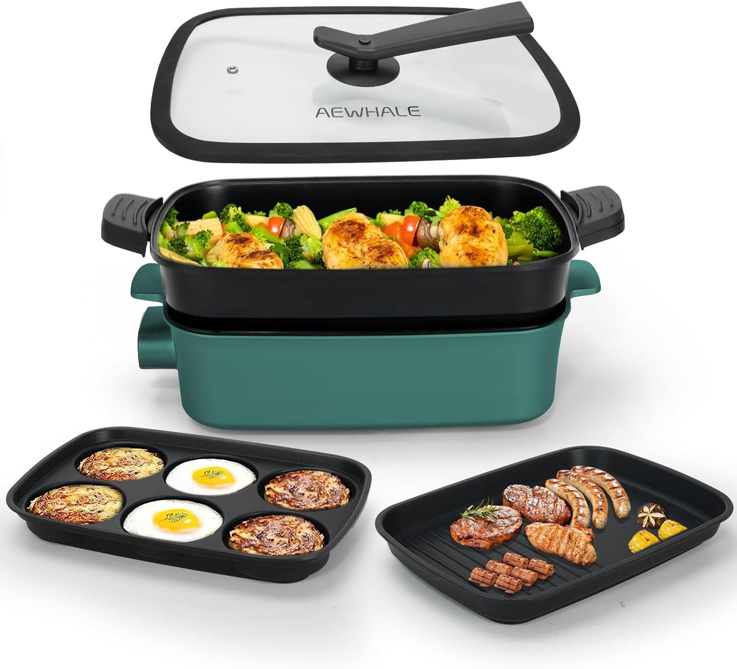 AEWHALE 3 en 1 Sartén Multifuncional Grill Eléctrico,Sartén eléctrica con tapa de cristal 1500W Revestimiento Antiadherente,Superficie Extraíble y asas de tacto frío Sartén eléctrica para Panqueques