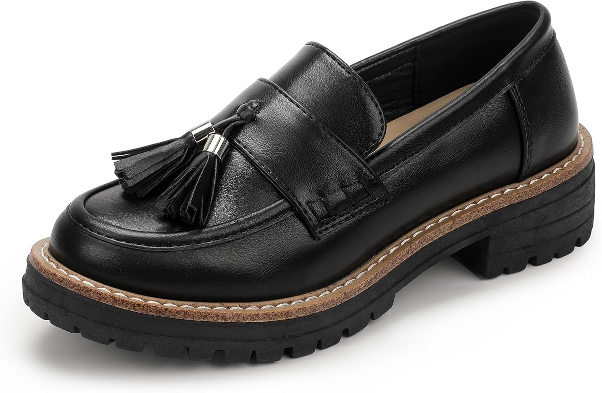 IN2 Mocasines de plataforma para mujer con suela de lengüeta, zapatos de tacón bajo, mocasines gruesos para mujer, otoño, trabajo, oficina, fiesta, casual, cómodos, moda, zapatos de vestir con borla