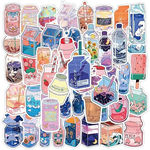 50PCS Kawaii Stickers Cartoon Drink Stickers Aesthetic Stickers Laptop Water Bottles Phone Skateboard Waterproof Decal Vinyl Sticker Pack for Teens