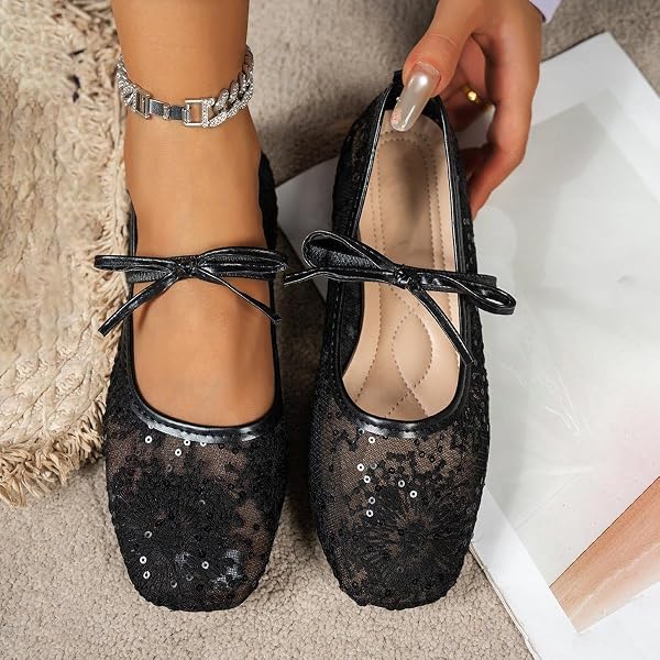 Women Sheer Lace Flats Bow Knot Strap Square Toe Mesh Ballerina Shoes Memory Foam Soft Comfy Vintage Embroidery Flats - 3