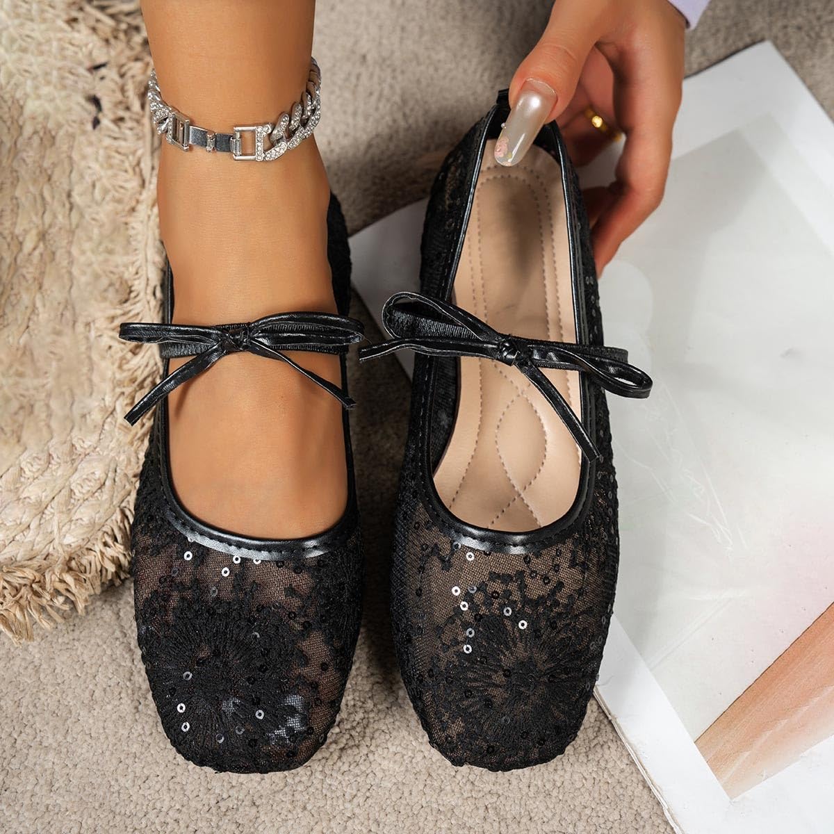 Women Sheer Lace Flats Bow Knot Strap Square Toe Mesh Ballerina Shoes Memory Foam Soft Comfy Vintage Embroidery Flats — view 3