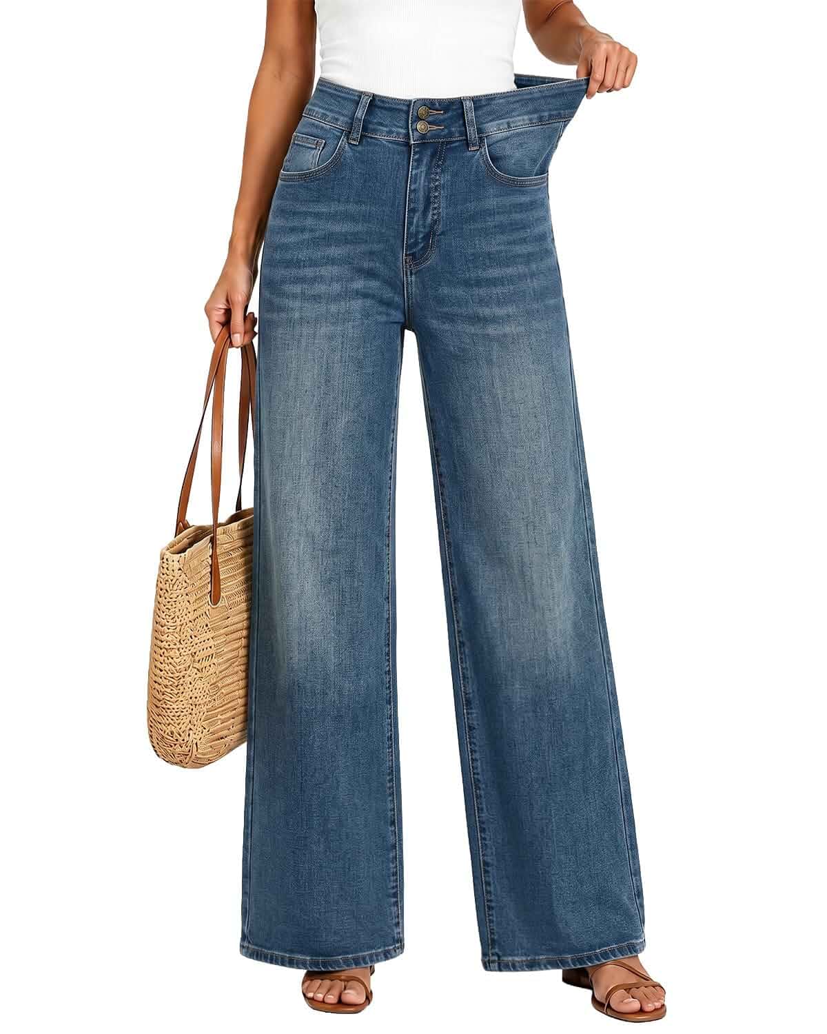 Women's High Waisted Wide Leg Jeans Stretchy Baggy Pants Trendy Fit Double-button, High rise, Tummy control, Relaxed Fit, Straight wide legs, Stretch denim, Loose Fit, Trendy everyday fit