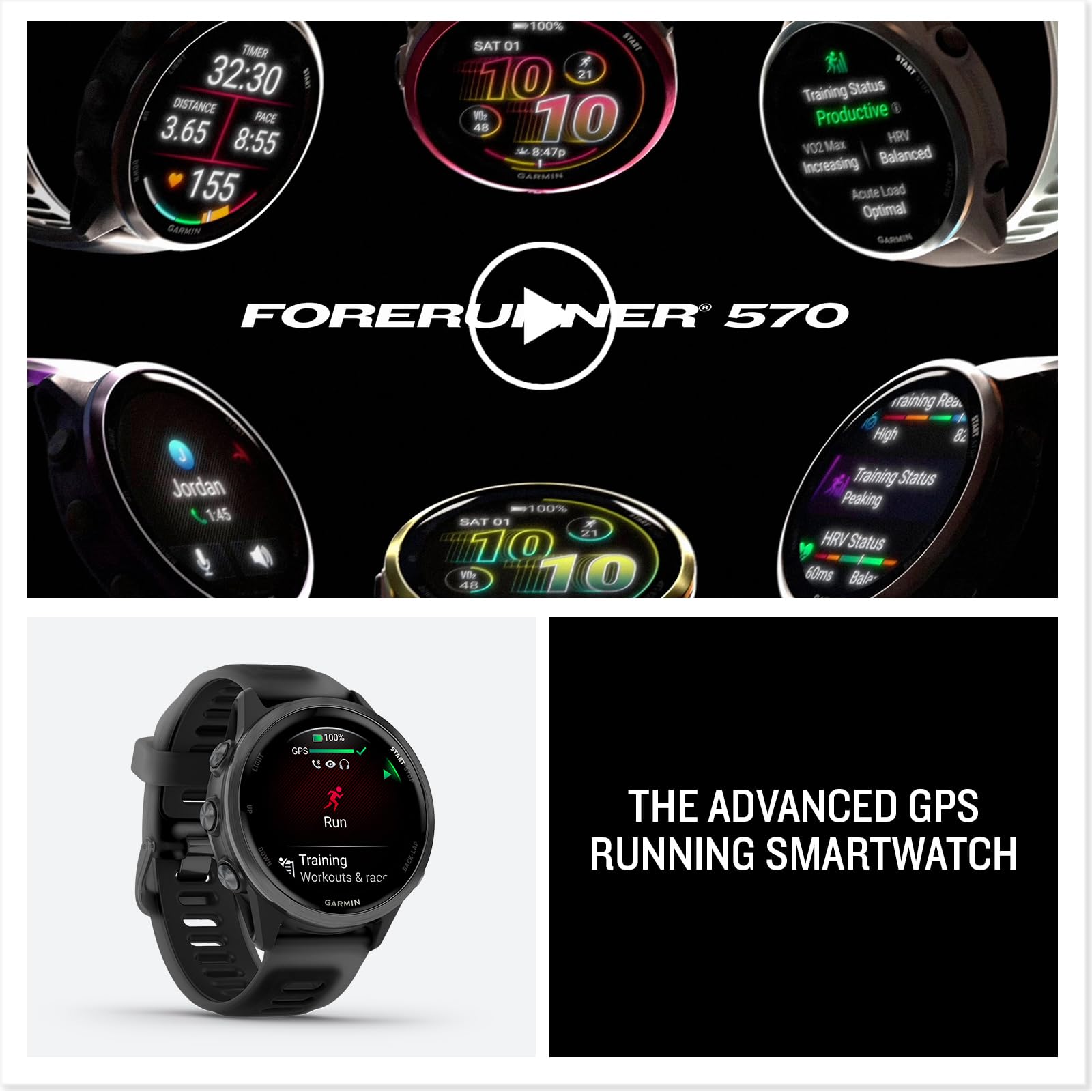 Garmin® Forerunner® 570, 42 mm, smartwatch GPS avanzato per corsa e triathlon, display AMOLED, funzioni di allenamento e recupero, alluminio grigio ardesia con cinturino nero traslucido