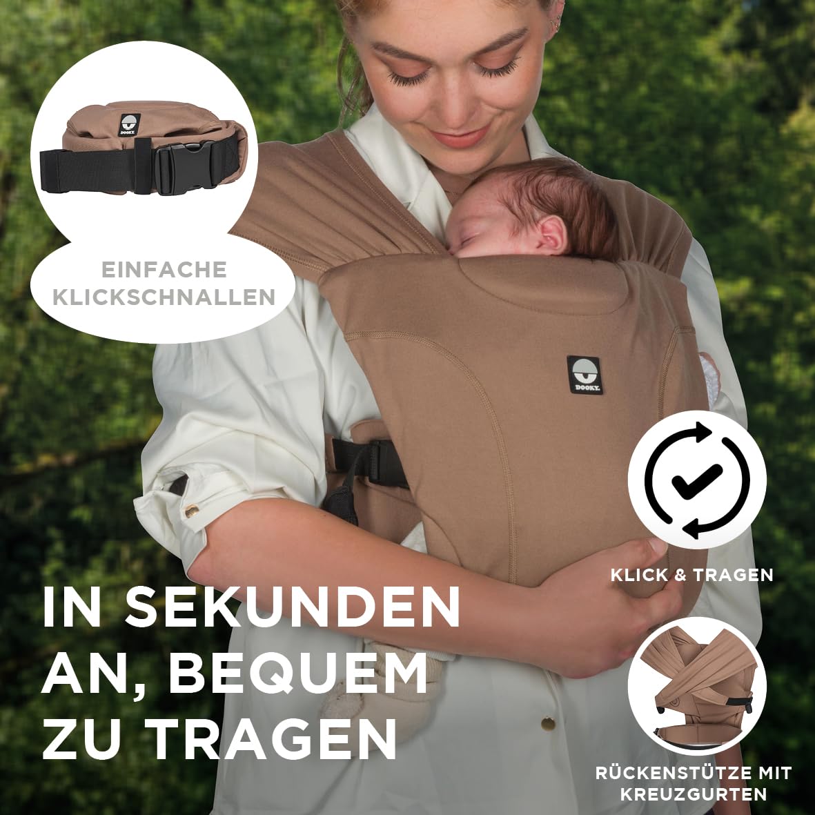 Dooky Carrier Be One, Babytrage und Tragetuch in einem, Ergonomisch und atmungsaktiv, Kreuzgurte für optimale Gewichtsverteilung, Ab Gebur, Baby Carrier für Neugeborene 56-74 cm, Mocha
