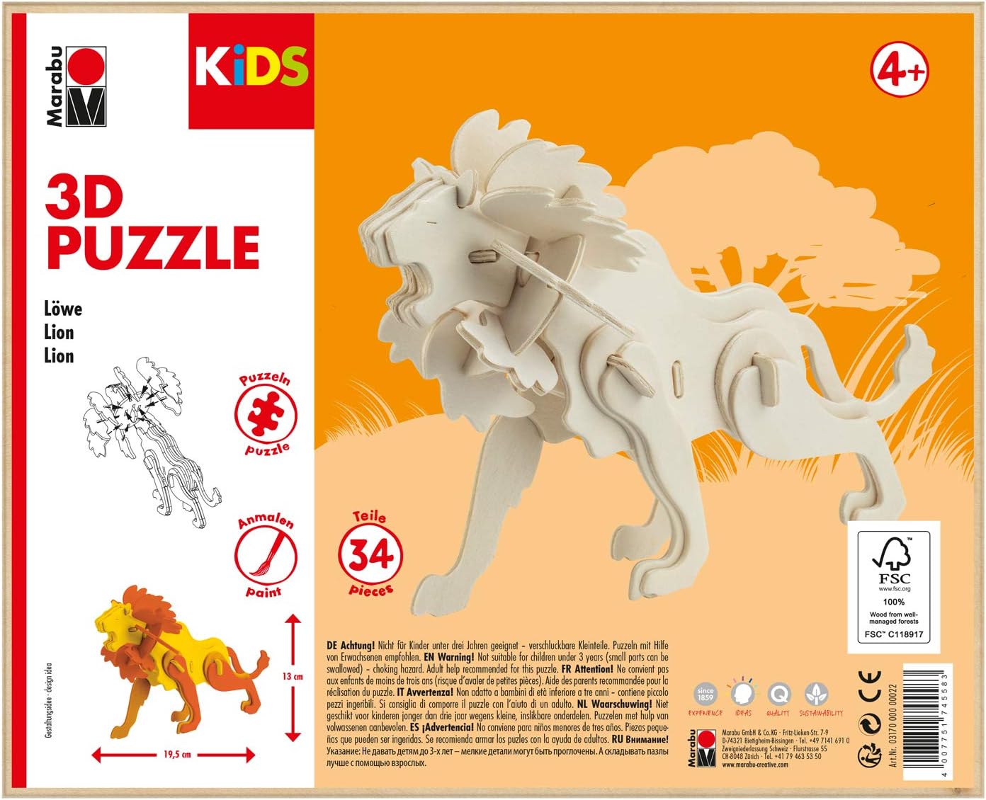 Marabu 0317000000022 Kids 3D Wooden Puzzle Lion 34 Pieces Approx. 19.5 x 13 cm, Brown
