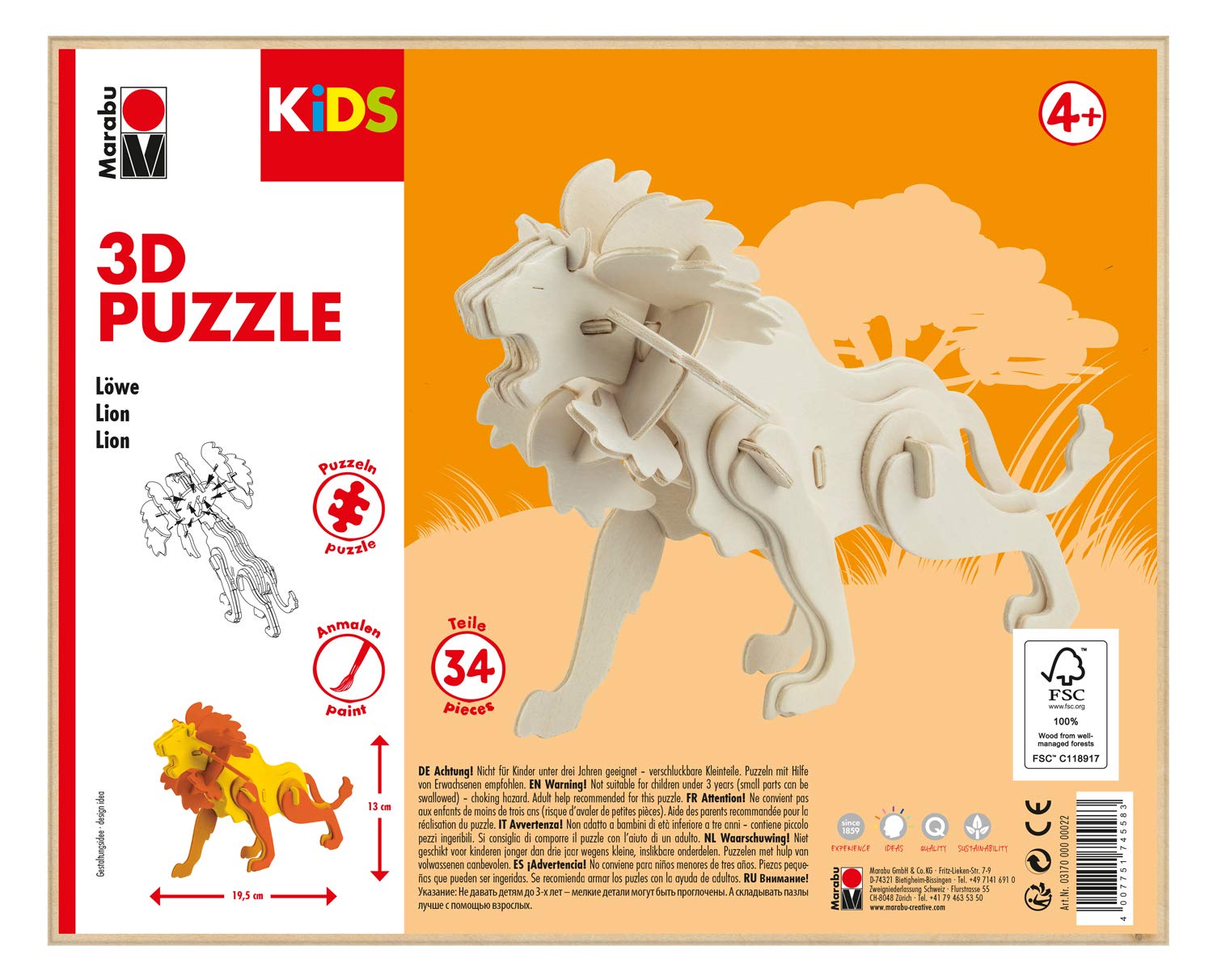 Marabu 317000000022 KiDS 3D Wooden Puzzle Lion with 34 Puzzle Pieces Made of FSC-Certified Wood, Approx. 19.5 x 13 cm, Simple Plug-In Technology, for Individual Painting and Designing