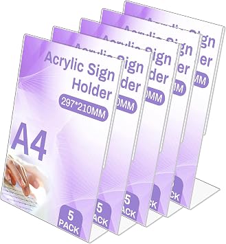 A4 Acrylic Sign Holder,5 Pack L-Shape Display Stands, A4 Acrylic Poster Menu Holder, Clear Plastic Display Holders Stands for Table Restaurant Hotel Documents Office A4-L 5Pack