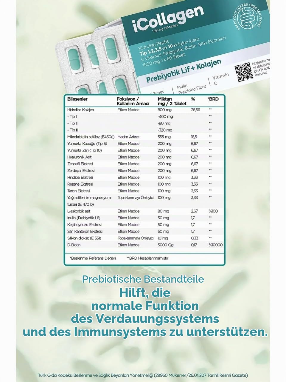 icollagen 5 Tip Kolajen Tablet Prebiyotik Desteği ile Sindirim Sistemine Yardımcı 3x60 Tablet