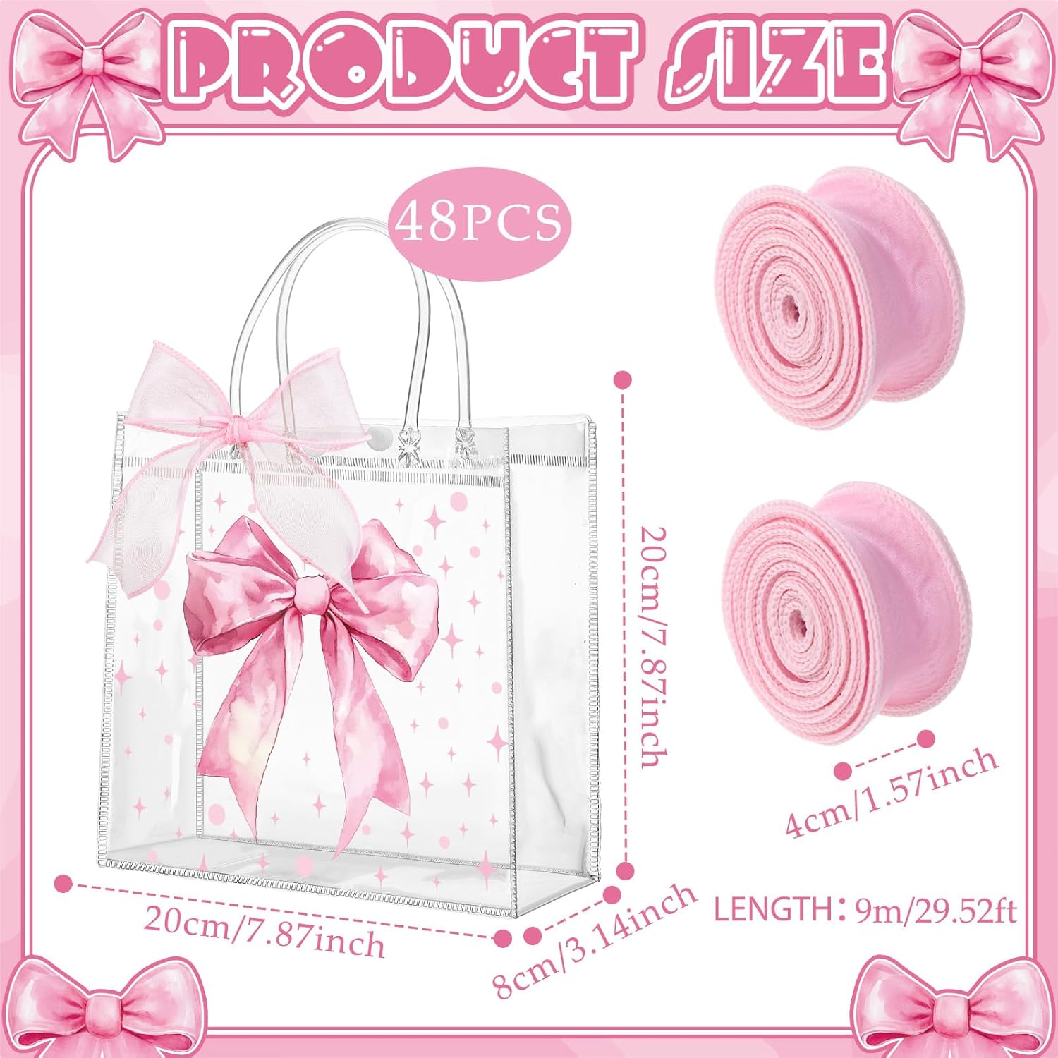 Wesnoy 48 Pcs Pink Bow Clear PVC Gift Bags with Handles Coquette Bowknot Party Favor Goodie Candy Treat Tote Bags for Wedding Birthday Party 48 Bow