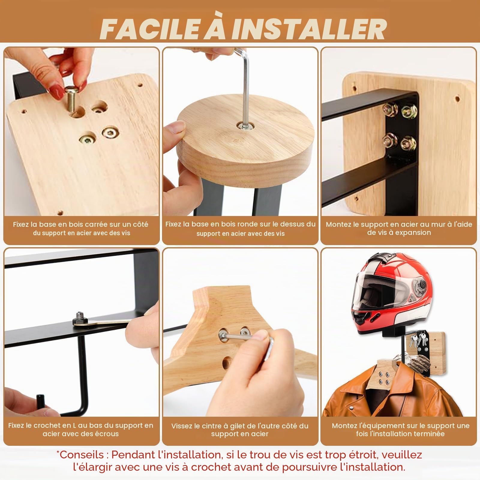 Support Casque Moto, Porte Casque Moto Mural pour Accrocher Le Casque et la Veste de Moto au Mur, Support Mural pour Gilet Tactique (Un baroudeur)