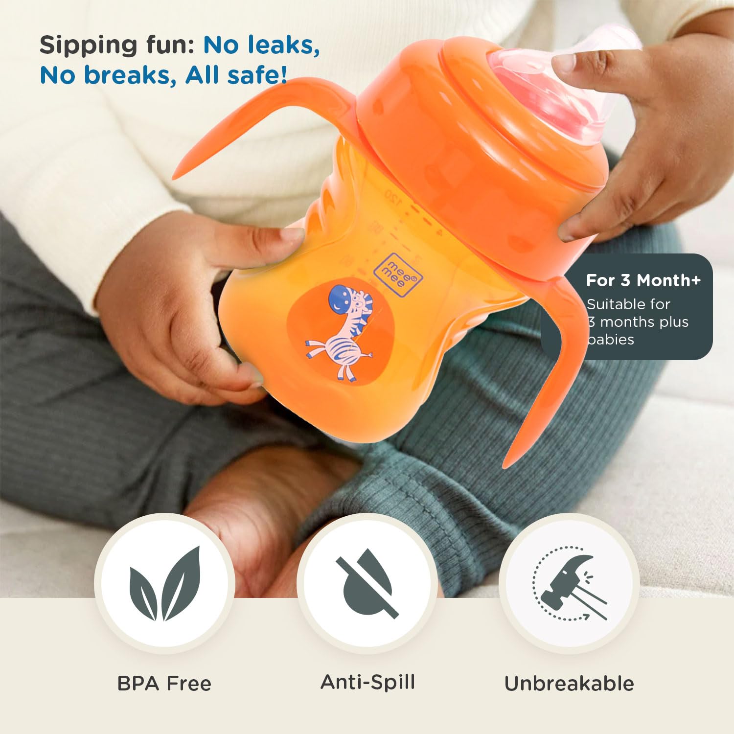 Mee Mee 2 in 1 Convertible Soft Spout & Straw Sipper Cup | Anti Spill, BPA-Free & Non-Toxic | Easy to Hold Detachable Handle | Unbreakable, Anti Leak Lock Bottle with Cap for Kids | 150 ml (Orange) - Image 4 thumbnail