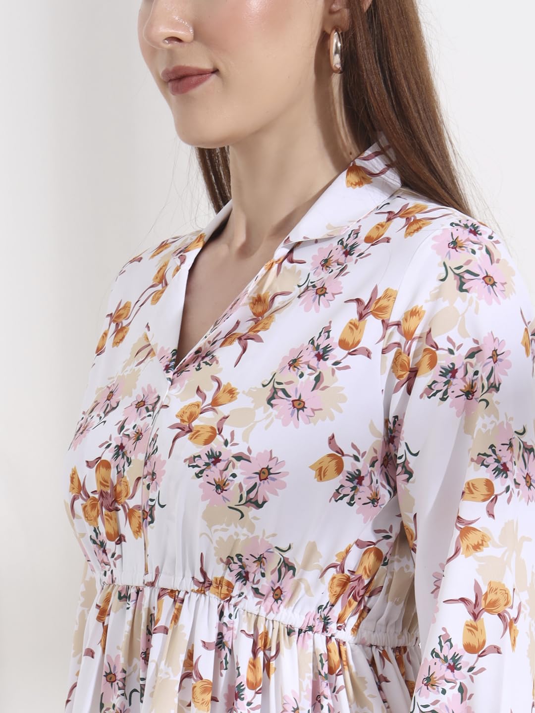 FITHUB Floral Printed Regular Sleeve Tailored Fit & Flare Dress White 2