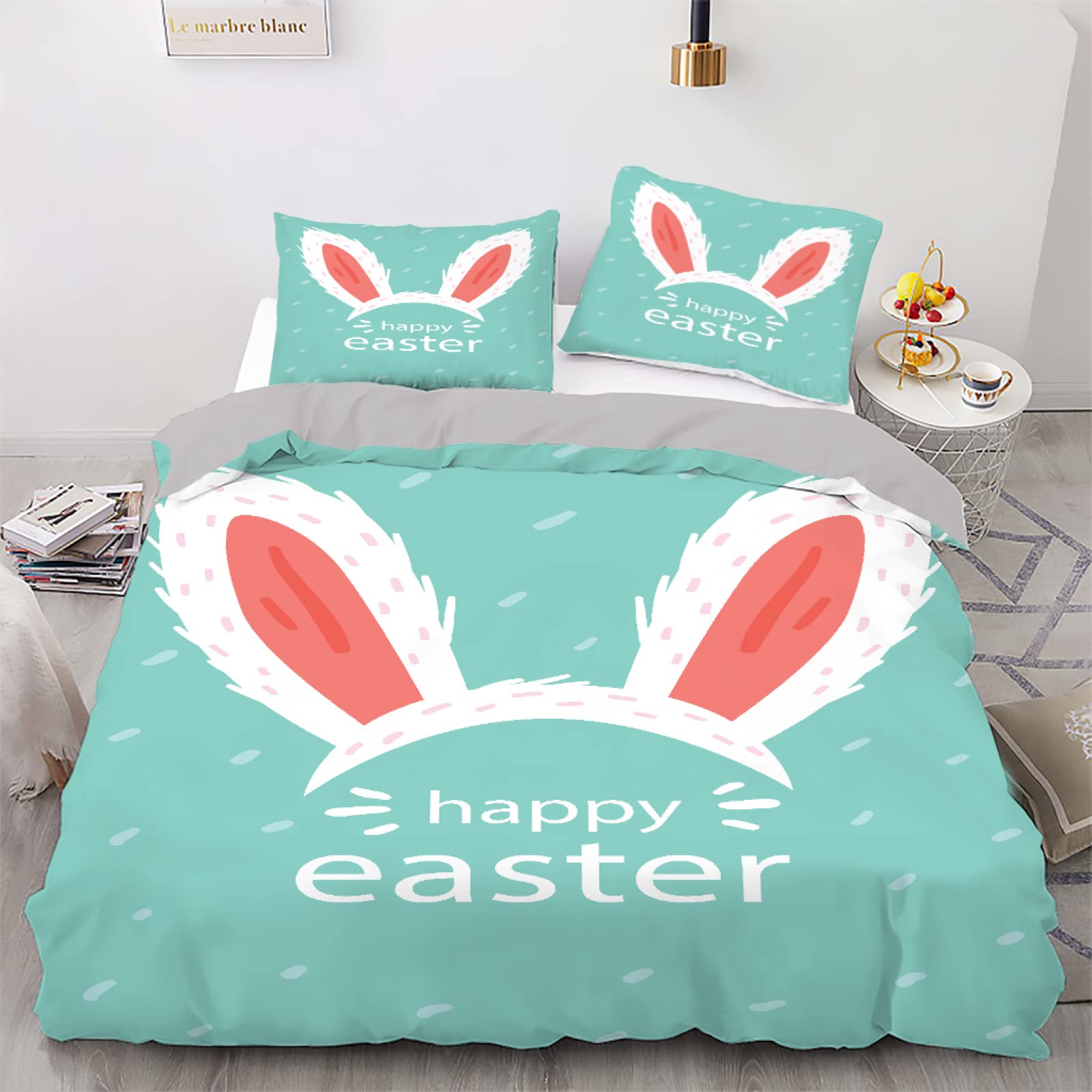Housse de couette 90x190 lapin bleu en microfibre douce anti-plis pour enfant