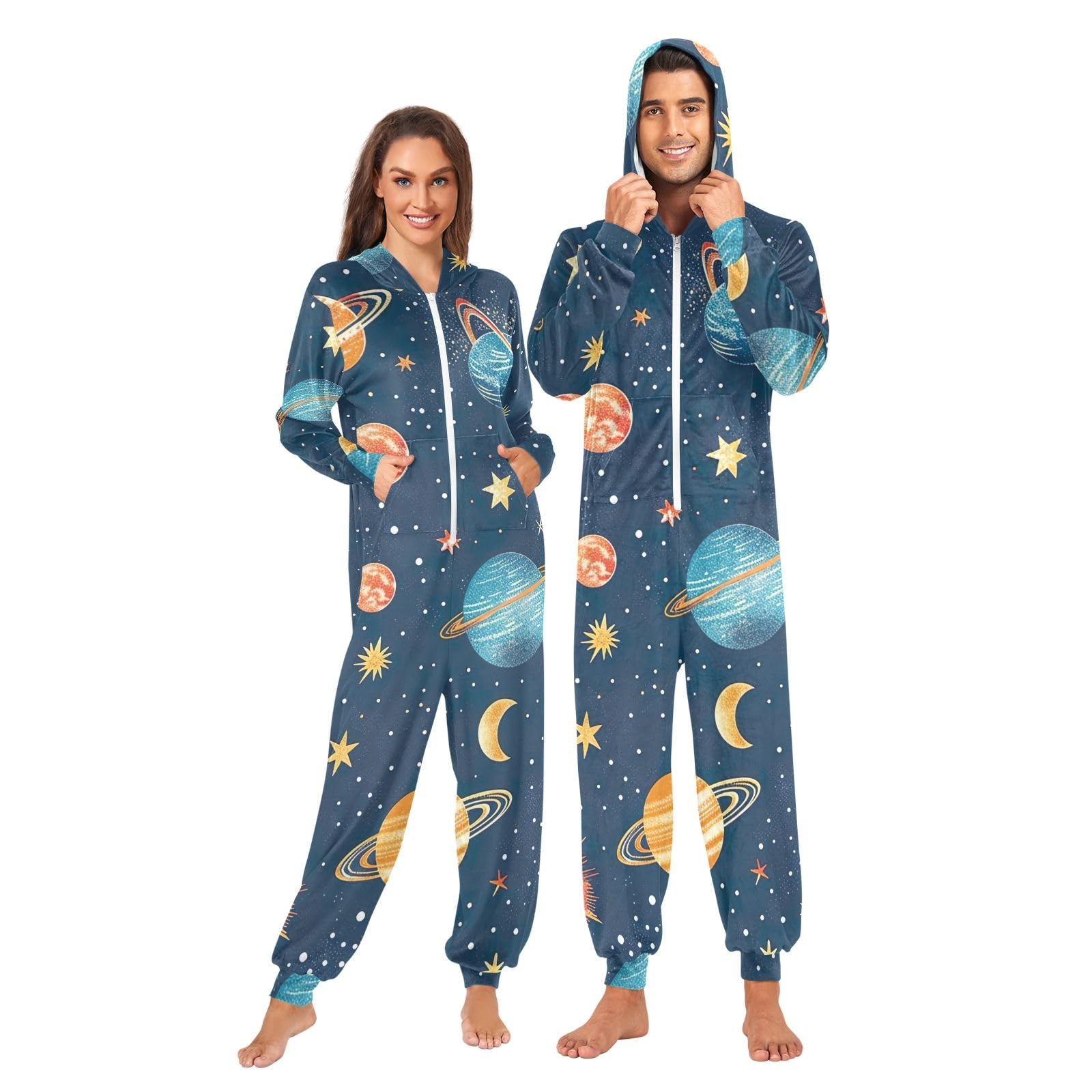Carino Cartoon Planets Blu Adulto Natale Tutina Tuta Cerniera Pigiama Morbido Peluche Loungewear