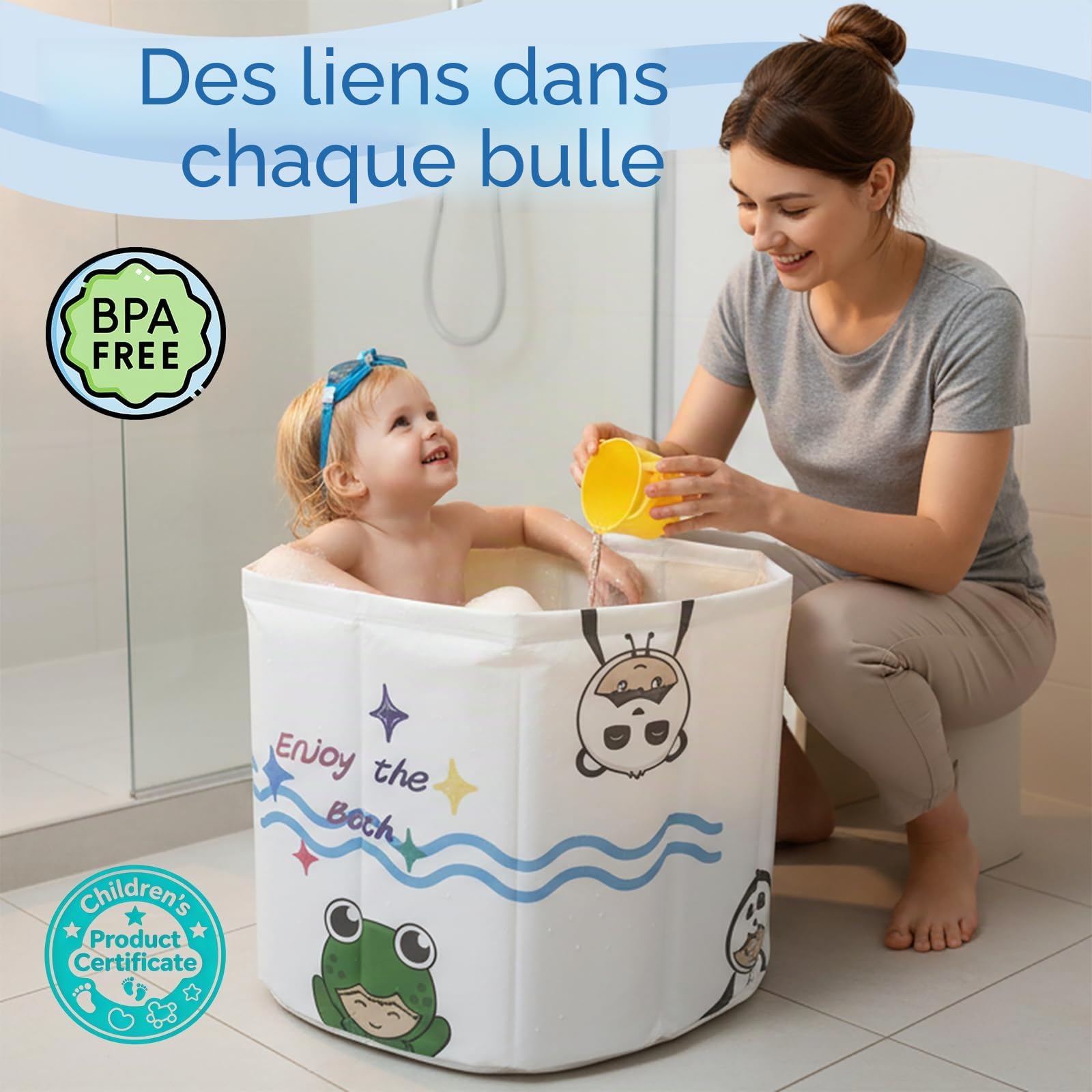 Baignoire Portable Pliable pour Enfants 1-5 Ans WAVYEASE Design Profond Installation Rapide