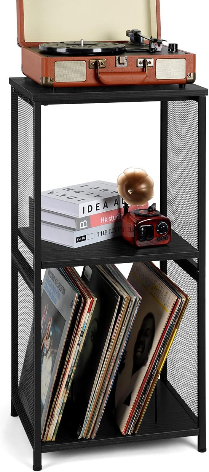 Vrisa Black Nightstand with Record Storage End Table Record Player Table with Vinyl Storage Record Player Stand with Album Storage 3 Tier Side Table for Living Room, Bedroom, Office