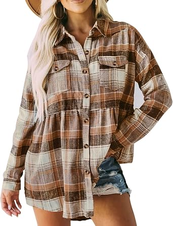 Womens Plaid Shirts Long Sleeves Button Down Peplum Babydoll Jacket Oversized Flannel Shirts Casual Pocket Blouses Tops