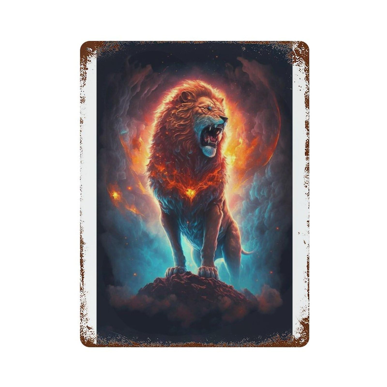 Flaming Lion Wall Art Print Vintage Wall Sign 15.7"x11.8", Rust Effect Metal Decor for Shed, Workshop And Garage Wall Decor