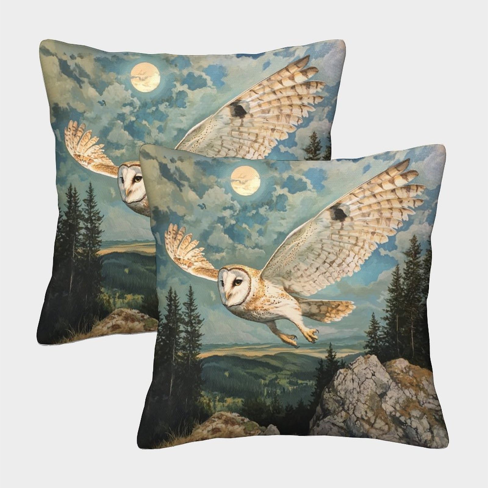 GXYUAOIEF Owl Cushion Covers Set of 2 Moonlit Night Cushion Cases Square Pillowcases for Sofa Chair Living Room with Invisible Zipper Soft Decorative 40x40cm