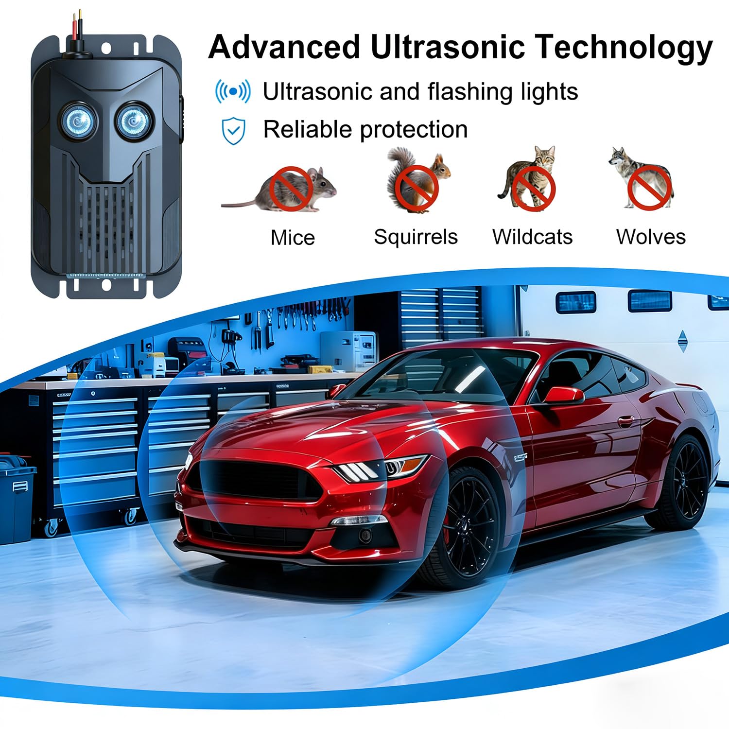 2X Repelente de Ratones para Bajo el Capó, con Flash y Alimentado por Baterías, Repelente Ultrasonico para Motor de Coche, Repulsión Efectiva para Alejar Ratones de Coches, Desváns y Graneros