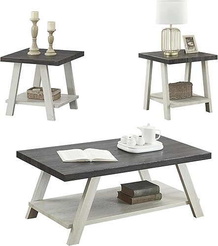 Miniatura 9 de Juego de mesa de sala de estar, mesa auxiliar y dos mesas auxiliares, mesa auxiliar con estante de almacenamiento de madera para sala de estar, Gris