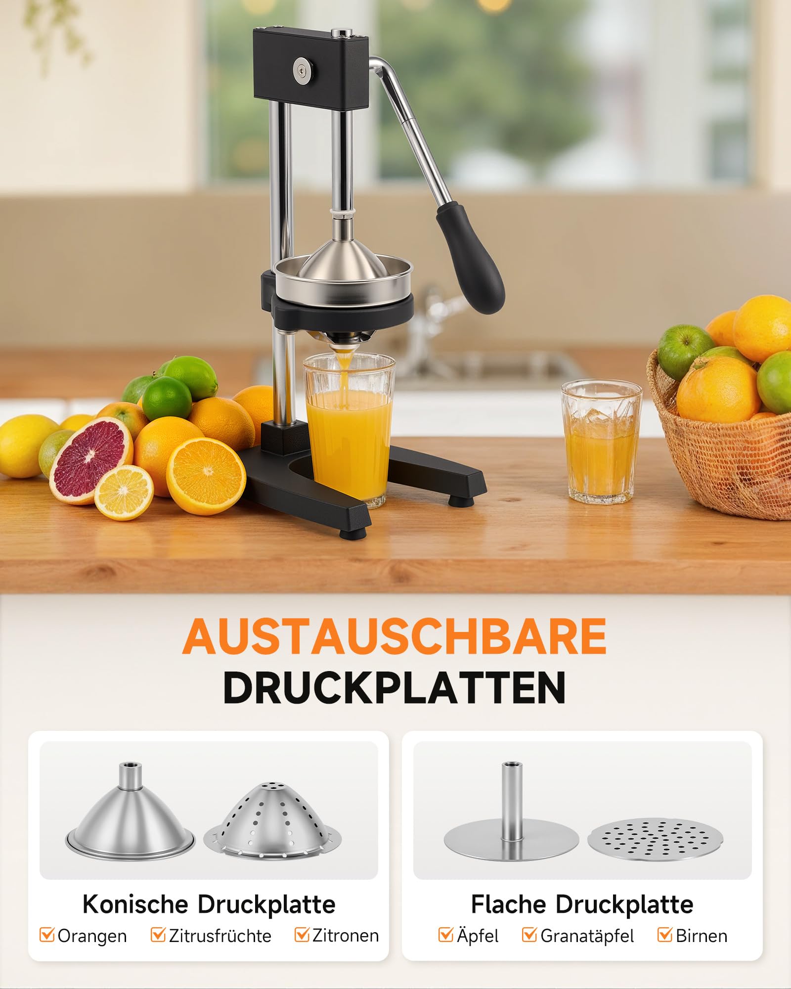 CO-Z Manuelle Zitruspresse, robust mit konischer & flacher Druckplatte, professionelle Zitronenpresse für Orangen, Pomelos, Limetten, Zitronen, spülmaschinengeeignet