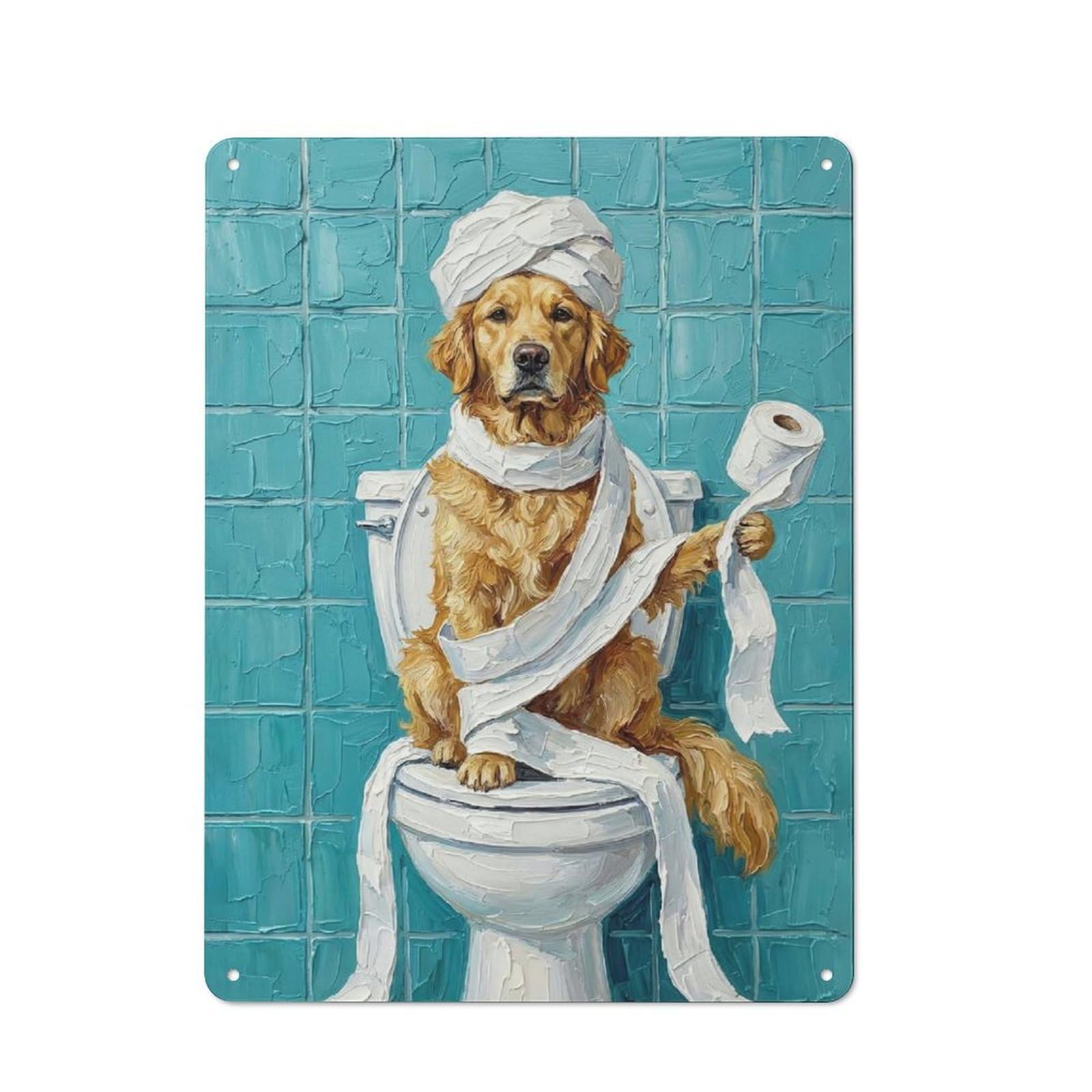 Junmoney Style-15 Golden Retriever On Toilet With Toilet Paper Barn Style Metal Wall Decor 40X30cm, Country Metal Sign For Kitchen, Cottage, Porch Or Garden Room