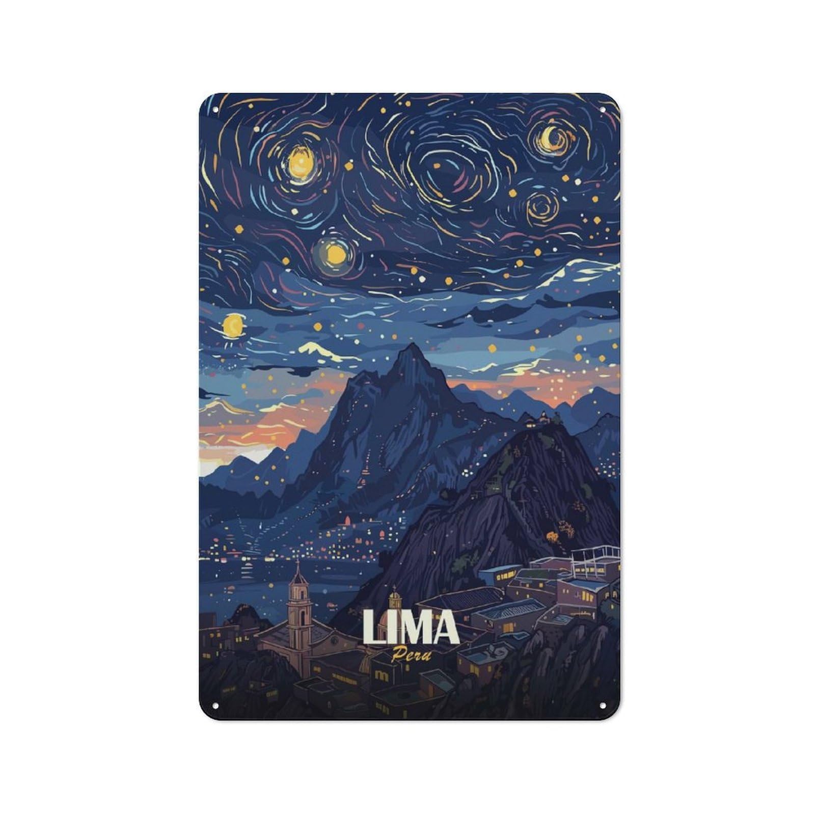 Junmoney Style-17 Lima Peru Nightscape Art Retro Metal Wall Sign 30X20cm For Guest Room Or Hallway, A Housewarming Gift For Home Decor Collectors