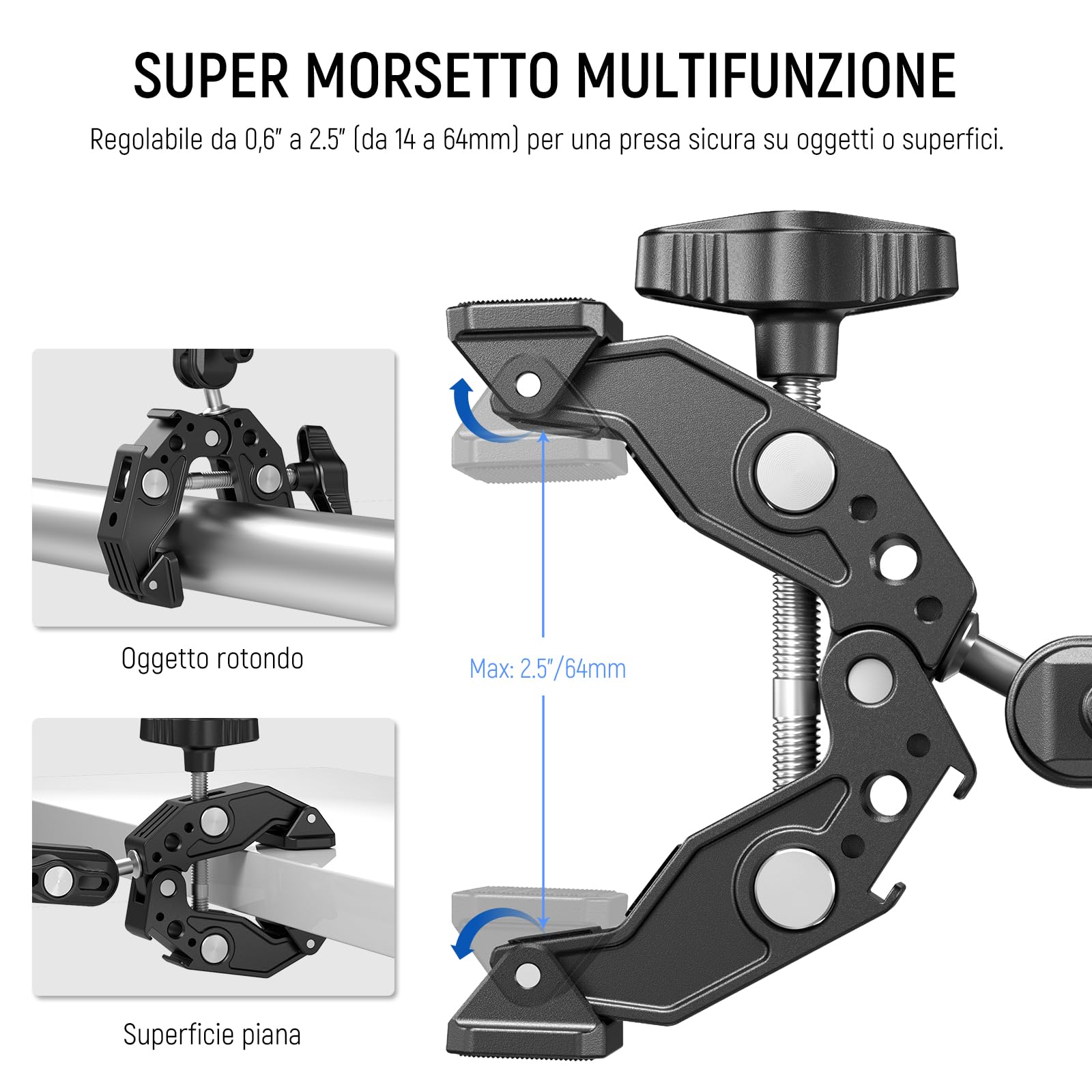 NEEWER Super Clamp con 3" Magic Arm a Doppia Testa Sferica, Cold Shoe, Filetto 1/4", Adattatore Telefono/Action Camera per Treppiede Tavolo Barra Aste Gimbal, Compatibili con SmallRig GoPro DJI, ST83
