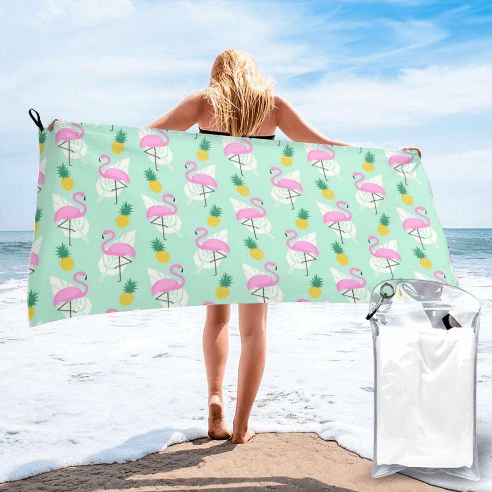 SDEGTHO Pink Flamingo Pineapples Print Beach Towel Quick Dry Portable For Swimming Yoga Adults Fitness