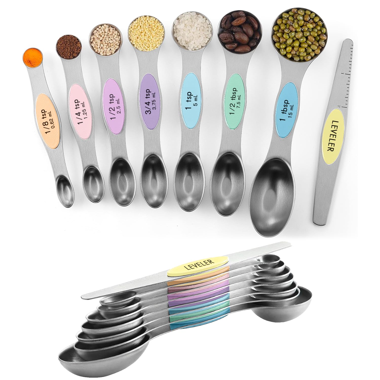 ChefAide Pack of 8 Stainless Steel Magnetic Measuring Spoons Set, Dual Sided, Stackable, Adjustable Teaspoon and Tablespoon Measure Spoon with Leveler