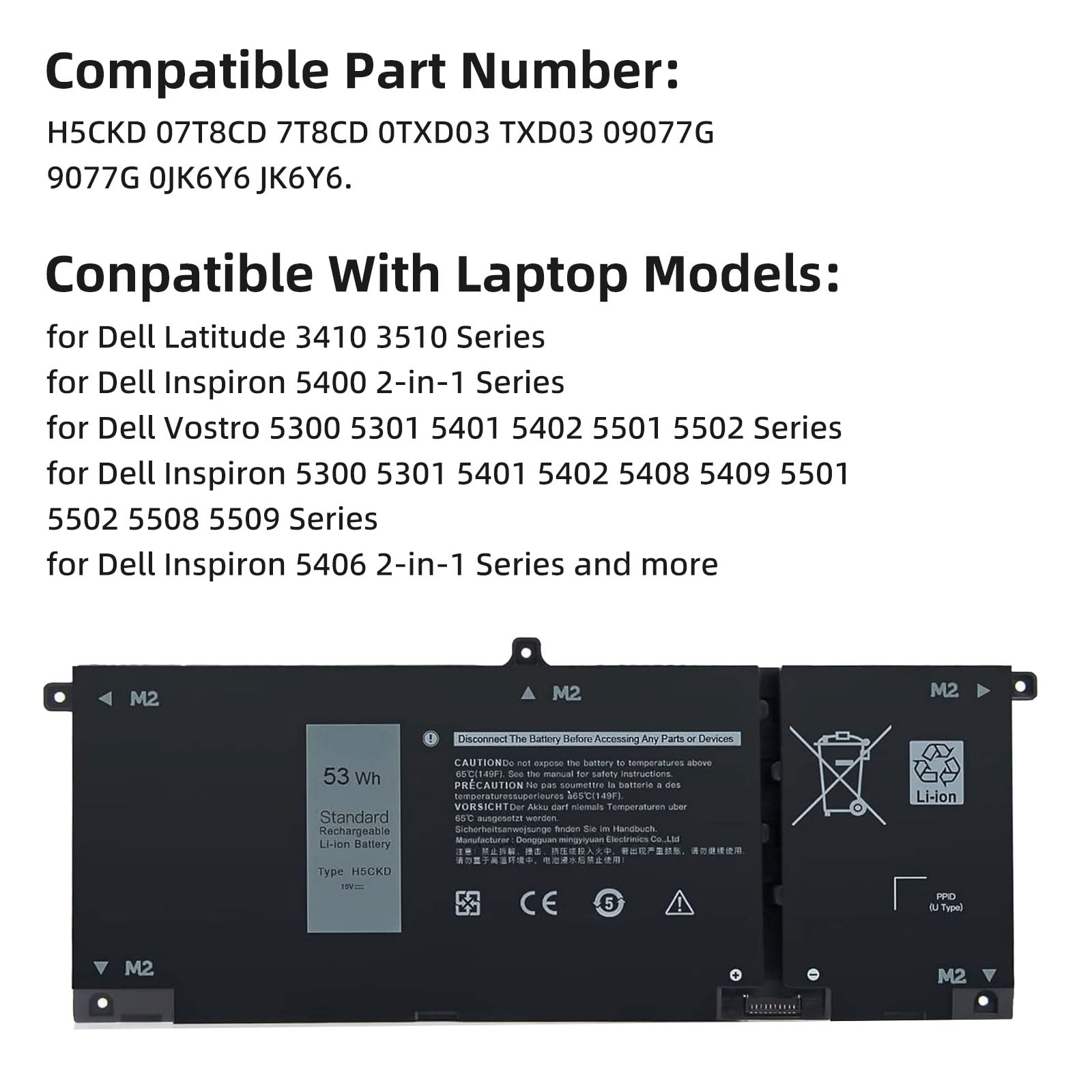 Batterie H5CKD 55Wh 4 Cellules Pour Dell Latitude 3410/3510, Inspiron 14/15, Vostro - Remplacement