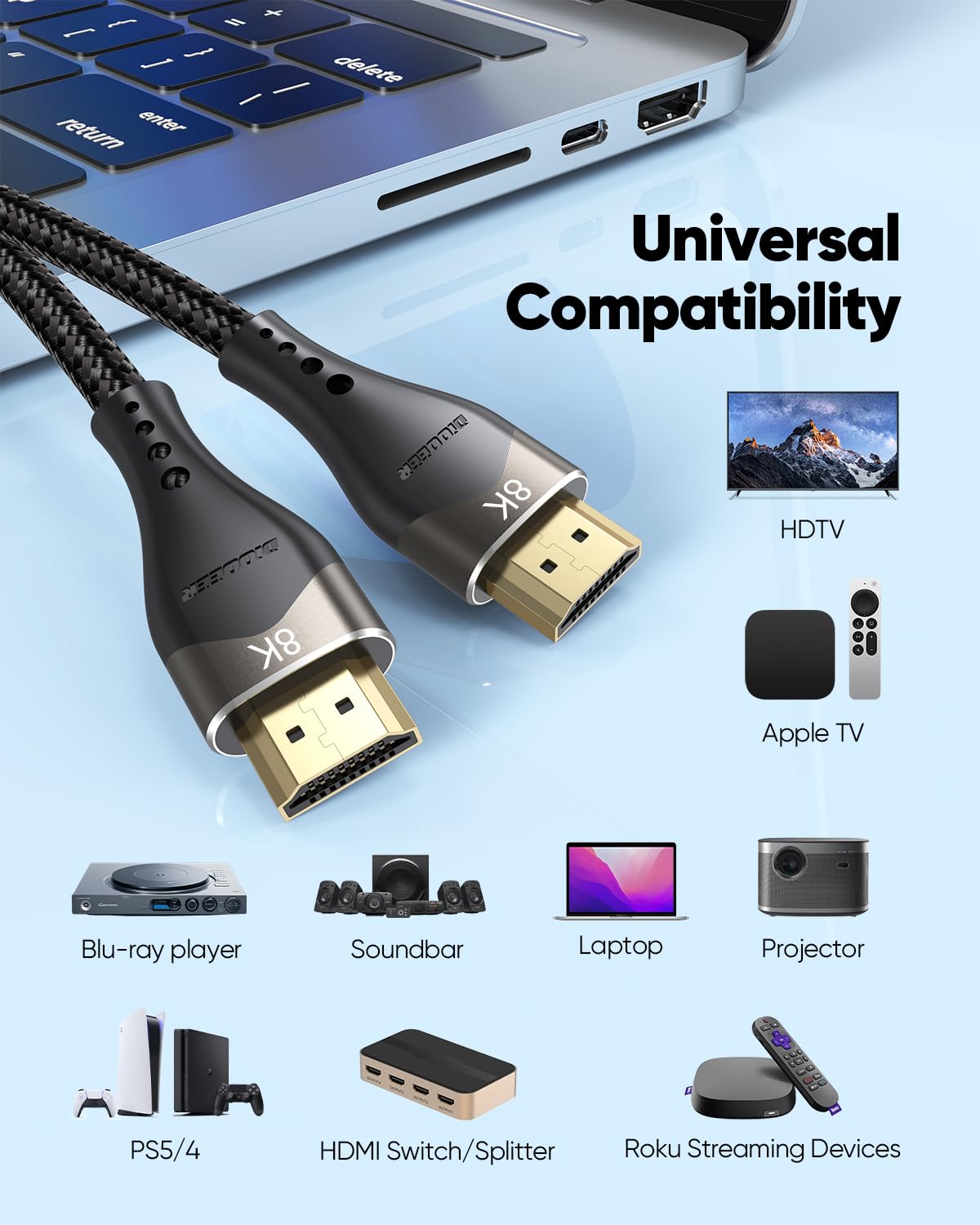 Cable HDMI 10K 8K de 3.3 pies, paquete de 5, cable HDMI 2.1 de 48 Gbps, cable HDMI de ultra alta velocidad trenzado de nailon 8K @60Hz, 4K a 120Hz, eARC, HDR10, HDCP2.2 y 2.3 para PS5,