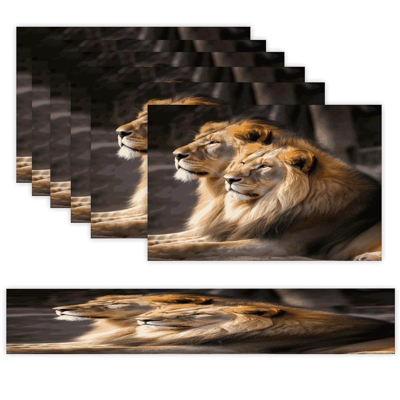 Two Lions Table Runner and Placemats Set of 6 for Kitchen Washable Table Mats Heat Resistant Place Mats Non-Slip Place Mat Wipeable Placemat(6 Placemats+1 Table Runner)