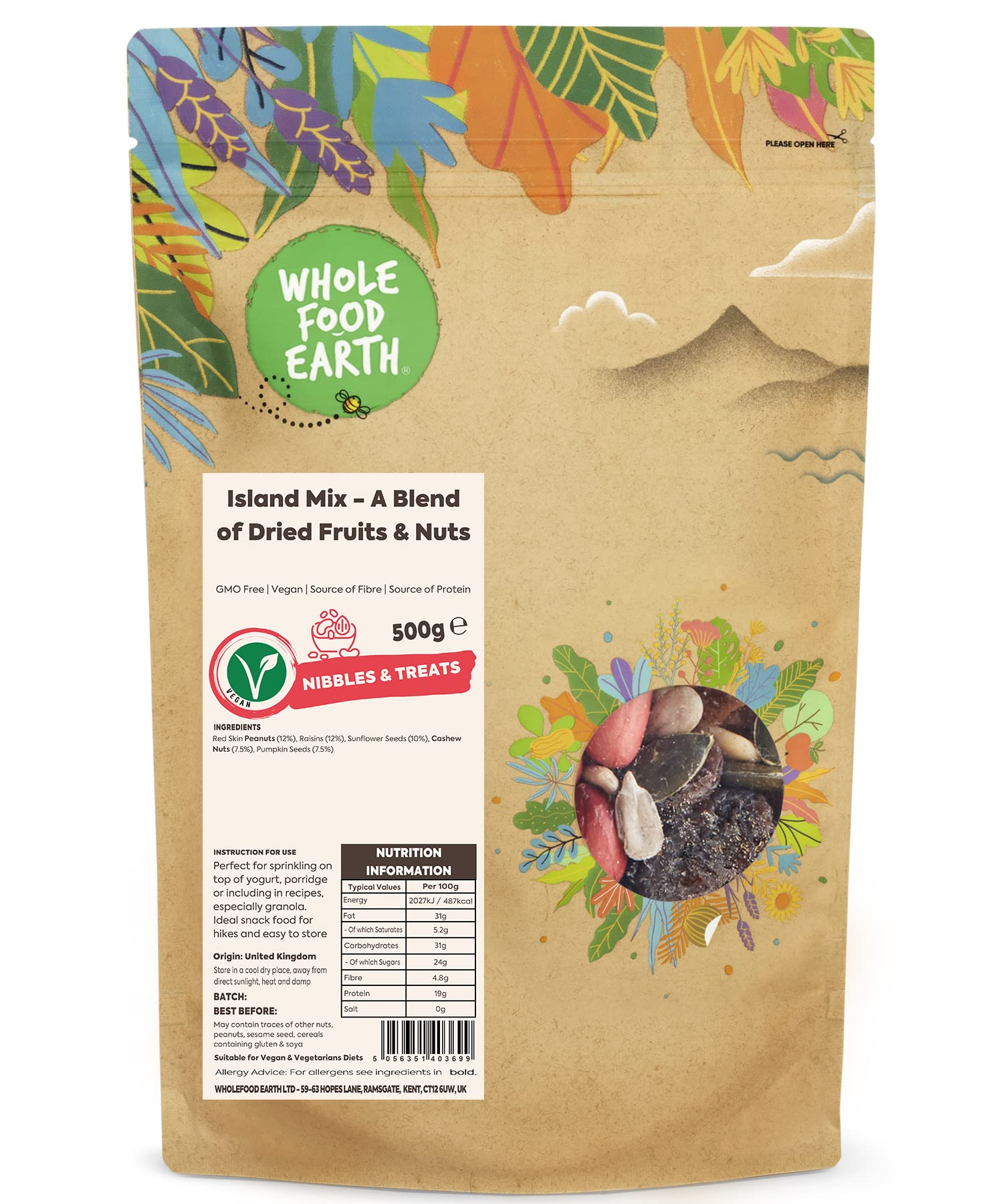 Wholefood Earth Island Mix - A Blend of Dried Fruits and Nuts 500 g | GMO Free | Source of Fibre | Source of Protein