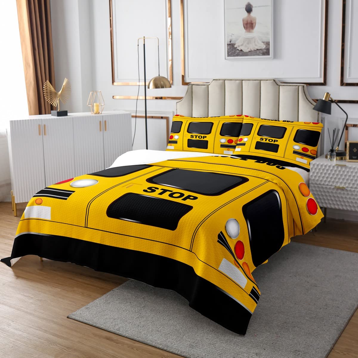 Divertido autobús escolar acolchado, estampado frontal amarillo para niñas, niños y adolescentes, juego de colcha de estilo infantil de dibujos animados para habitación del vehículo, 3 piezas tamaño