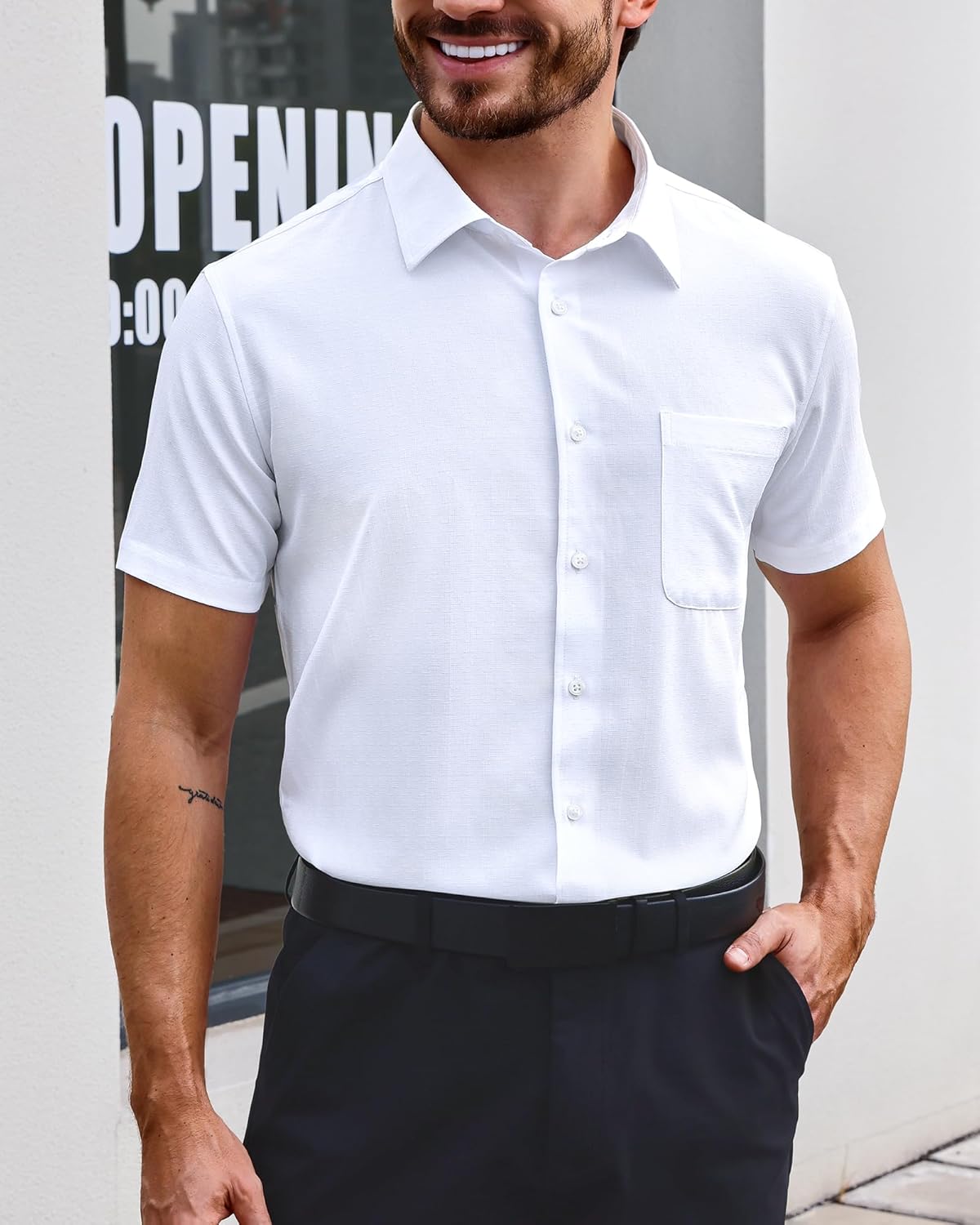 Short Sleeve Button Down Men Shirt Mens Short Sleeves Dress Shirts Beach Summer Casual Linen Shirt Men Wrinkle Free