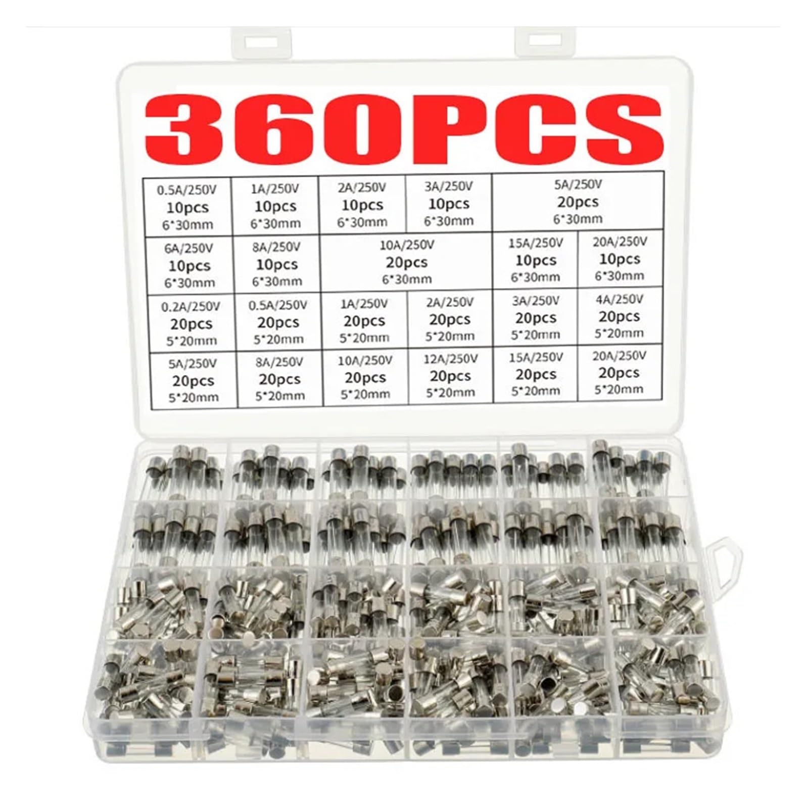 360 szt. 5 x 20 mm 6 x 30 mm szklana rurka zestaw bezpieczników zestaw szybkiego przedmuchu 0,2A-20A zamiennik