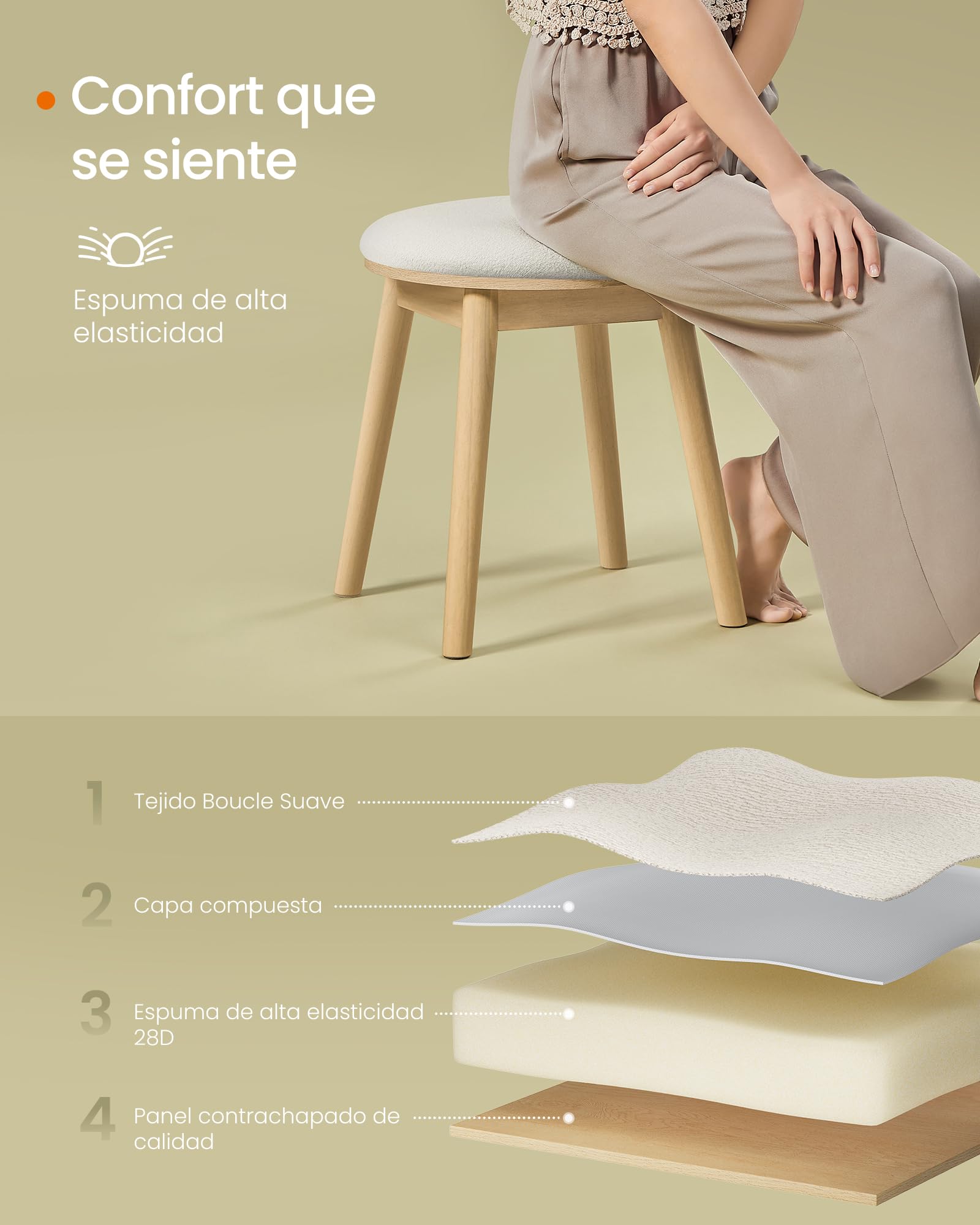 SONGMICS HOME BOHOVEN Colección - Taburete de Tocador, Taburete Tapizado con Patas de Madera Maciza, Reposapiés Redondo, Almohadillas Pies, Estilo Bohemio, para Dormitorio, Blanco Crema y Beige Roble