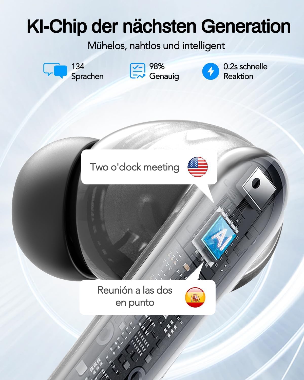 Traduttore auricolare AI, traduttore vocale 3 in 1, cuffie 134 lingue con app, 5 modalità di traduzione in tempo reale, auricolari traduttori, 60H Bluetooth 5.4 Translator Earbuds per apprendimento